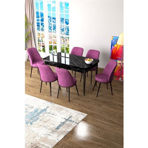 Hanah home Zen - Black Marble, Purple Black MarblePurple Extendable Dining Table & Chairs Set (7 Pieces) Cene