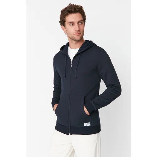 Trendyol Navy Blue Men's Regular Hooded Zipper Appliqué Long Sleeve Thick Sweatshirt-cardigan