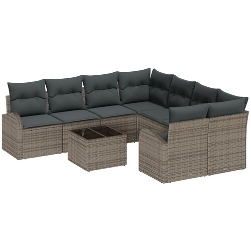 VidaXL 9 komadni set vrtnih sofa s jastučićima siva poli ratan, 2-sjedalna vrtna sofa sa spremnikom i jastučićima siva poli ratan Slike