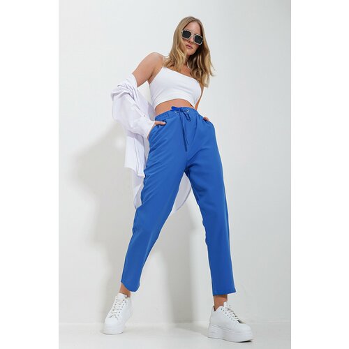 Trend Alaçatı Stili Women's Aviator Blue Elastic Waist Double Pocket Woven Trousers Cene