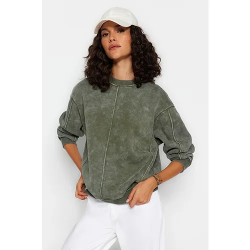 Trendyol Khaki Aged/Faded Effect Thick with Fleece Inside Regular/Normal Knitted Sweatshirt