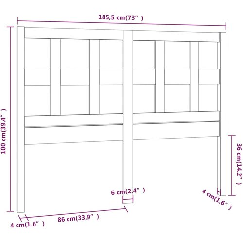  Uzglavlje za krevet sivo 185,5 x 4 x 100 cm od masivne borovine Slike