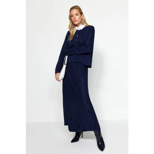 Trendyol Navy Blue Buttoned Cardigan-Skirt Knitwear Top and Bottom Set