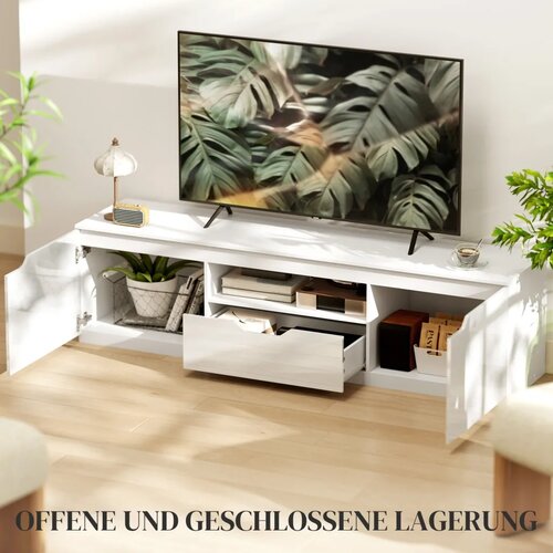  Niski TV ormarić visoki sjaj za TV do 65 3 pretinca ladica 160 x 38 x 43 cm bijela Slike