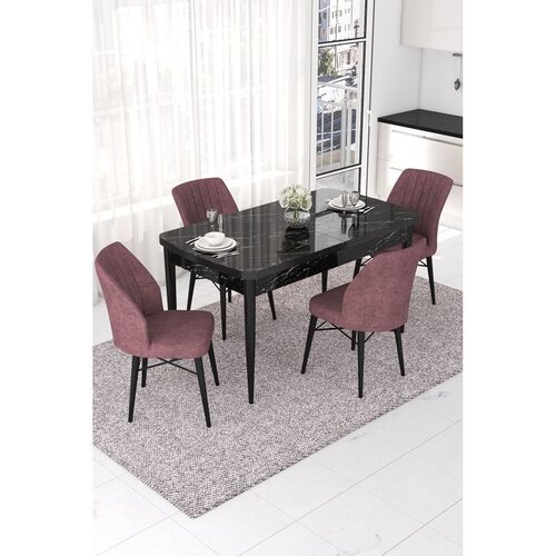 Hanah home trpezarijski set Nef, sto na razvlačenje i 4 stolice, ploča u dekoru crnog mermera, puder roze tkanina Jerry Cene