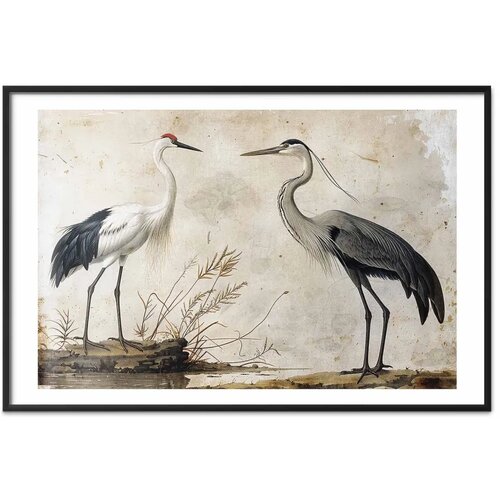  Plakat - Birds from an Old Engraving - vintage-style illustration of a heron and a crane 90x60 Crni okvir s margom Slike