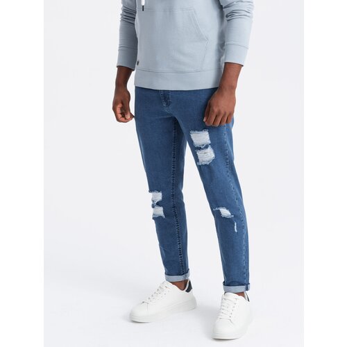 Ombre Washable men&amp;#039;s TAPER FIT denim pants with rubbing - blue Slike