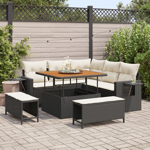 VidaXL 8 komada vrtni sofa set s jastučićima crni poli ratan akacija, 3 komada vrtni blagovaonski set s jastučićima crni poli ratan akacija Slike