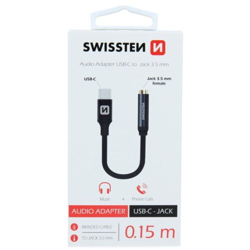 Swissten kabel audio, stereo, USB-C na audio 3.5mm ženski, 15cm, crni Cijene
