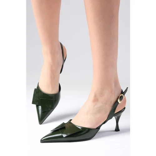 Mio Gusto Josephine Genuine Patent Leather Oil Green Color Open Back Women's Heeled Shoes