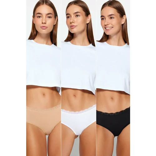 Trendyol Black-White-Nude Black 3-Pack Cotton Hipster Panties With Lace Detail
