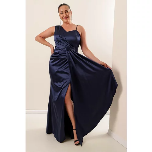 By Saygı Navy Blue One Side Rope Straps Front Gathered Lined Plus Size Long Satin Dress