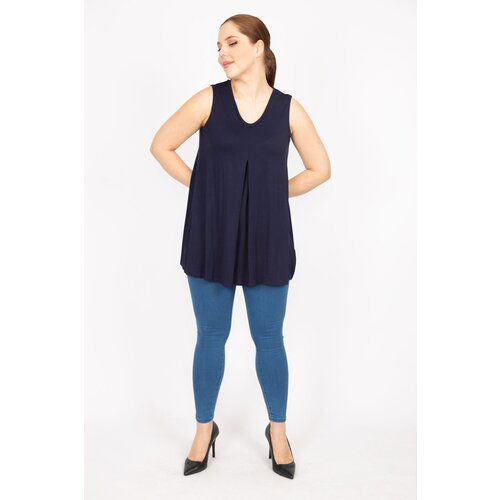 Şans Women's Navy Blue Plus Size Front A Pleated Blouse Cene