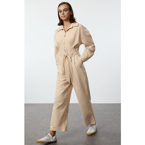 Trendyol camel belted waist detailed shirt collar long jumpsuit Slike