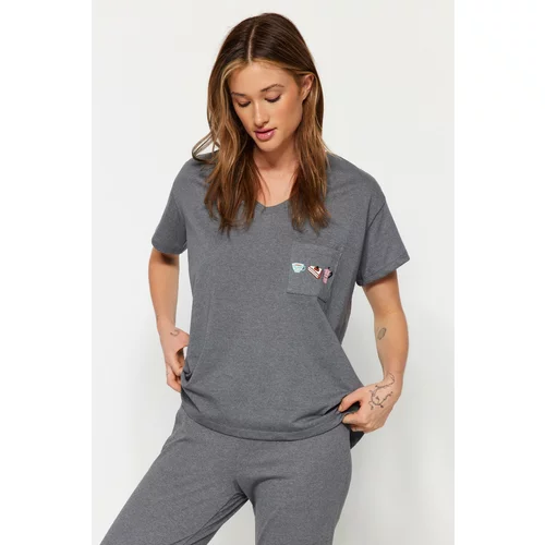 Trendyol Gray Black 100% Cotton Pocket Printed Wide Fit Tshirt-Pants Knitted Pajama Set