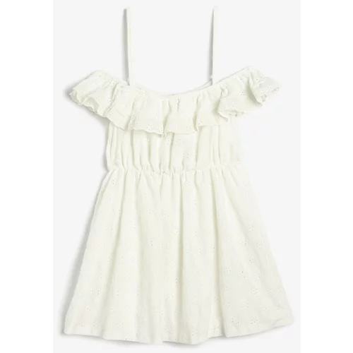 Koton Girl's Off Shoulder Strap Ruffled Scalloped Embroidered Dress 3skg80158ak
