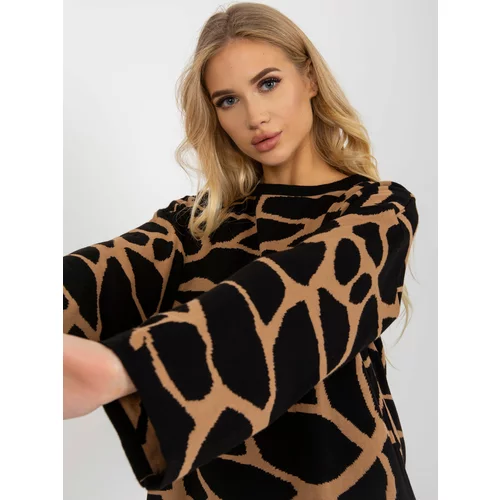 Fashion Hunters Camel and black women's oversize sweater with patterns
