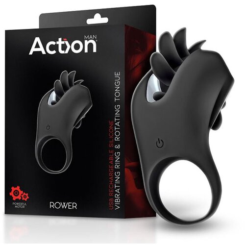 Action Rower Vibrating Ring with Rotating Tongue Black Slike