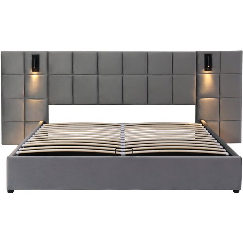 Lumor Postelja s predalom iz žameta - 160x200 cm - z LED in USB polnjenjem - siva (nočne omarice niso vključene), (22151568) Slike