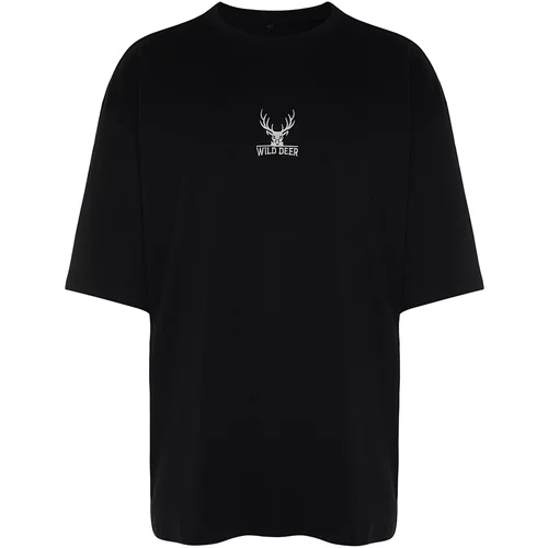 Trendyol Black Men's Oversize Deer Embroidered 100% Cotton T-Shirt