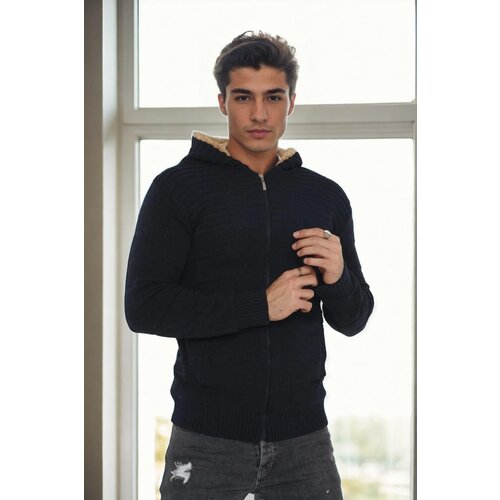 Dewberry 14455 Furry Hooded Mens Sports Slim Fit Cardigan-BLACK Slike
