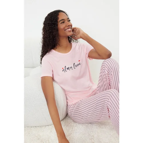 Trendyol Light Pink Slogan Printed Striped Knitted Pajama Set