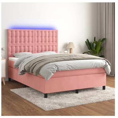 vidaXL Box spring postelja z vzmetnico LED roza 140x190 cm ž
