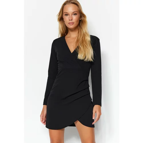 Trendyol Black Knitted Mini Dress With Double Breasted Collar, Fitted Body