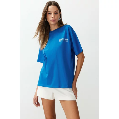 Trendyol Saxe 100% Cotton Back and Front Motto Printed Oversize/Wide Cut Knitted T-Shirt