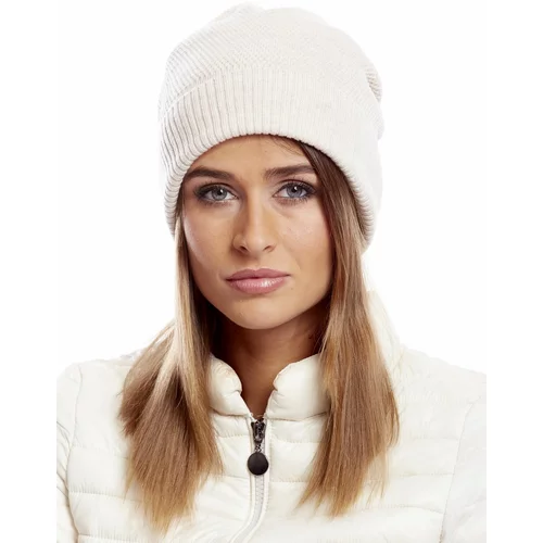 Fashion Hunters Beige cap with wide ribbing and fur pompom