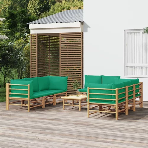 vidaXL Vrtna sedežna garnitura 9-delna z zelenimi blazinami bambus
