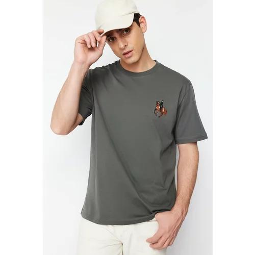 Trendyol Gray Men's Relaxed/Casual Cut Horse/Animal Embroidered Short Sleeve 100% Cotton T-Shirt