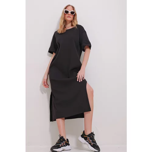 Trend Alaçatı Stili Women's Black Crew Neck Double Sleeve Slit Dress