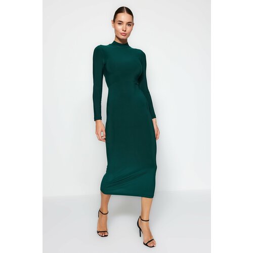 Trendyol Emerald Green Stand-Up Collar Fitted/Situated Maxi Stretch Knit Dress Slike