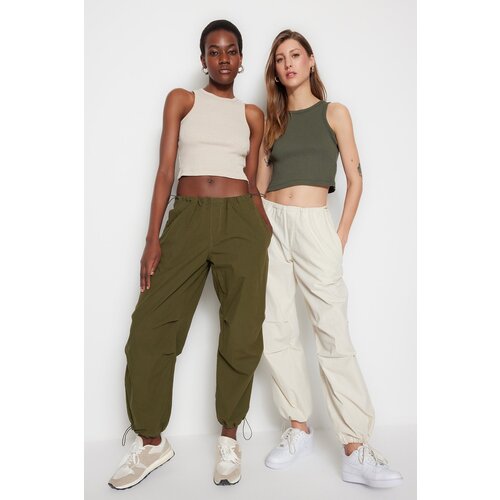 Trendyol Khaki-Beige 2-Pack Fitted Crop Halterneck Ribbed Ribbon Flexible Knit Single Singlet Slike