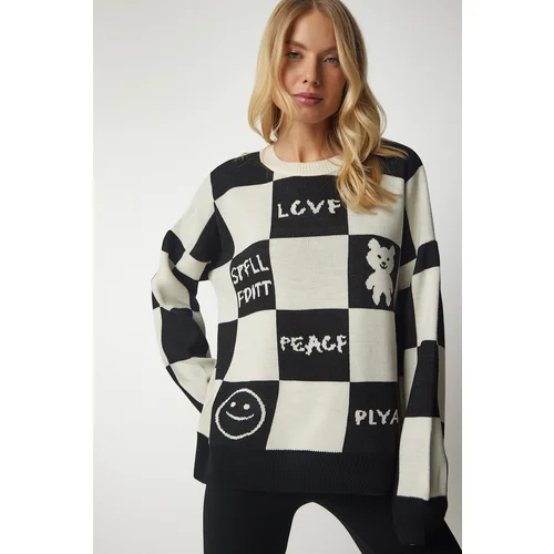  Women's Cream Black Checkerboard Pattern Knitwear Sweater