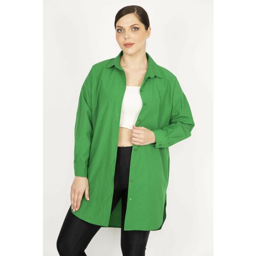 Şans Women's Green Plus Size Front Buttoned Both Oval Cut Long Shirt Cene