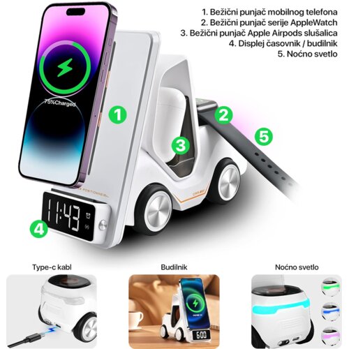  Kućni punjač wireless 15W viljuskar 5 u 1 zuti Slike