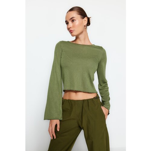 Trendyol Khaki Boat Collar Regular Fit Crop Knitted Blouse Slike