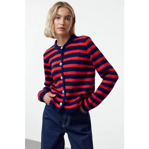 Trendyol Navy Blue Soft Texture Striped Knitwear Cardigan