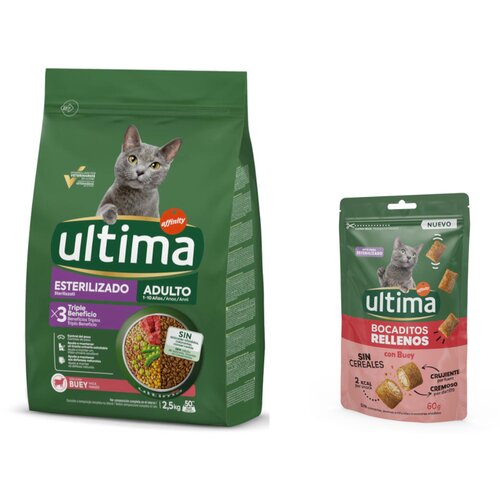  2,5 kg Ultima + 60 g Ultima Snacks punjeni zalogajčići s govedinom gratis! - Sterilized Adult govedina Slike