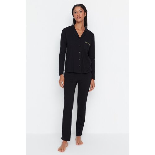 Trendyol Black Embroidered Knitted Pajamas Set Slike