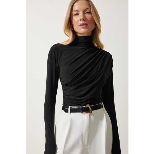  Women's Black Shirred Detail Standing Collar Sandy Blouse Cene