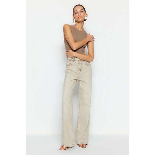 Trendyol Beige Faded Effect Vintage Normal Waist Wide Leg Jeans Cene