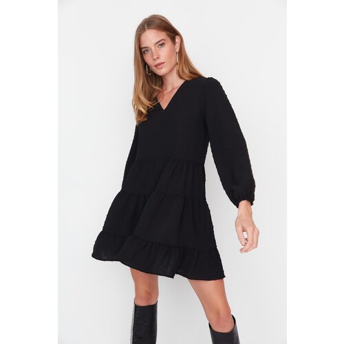 Trendyol Black Fabric Textured Ruffle Dress Slike