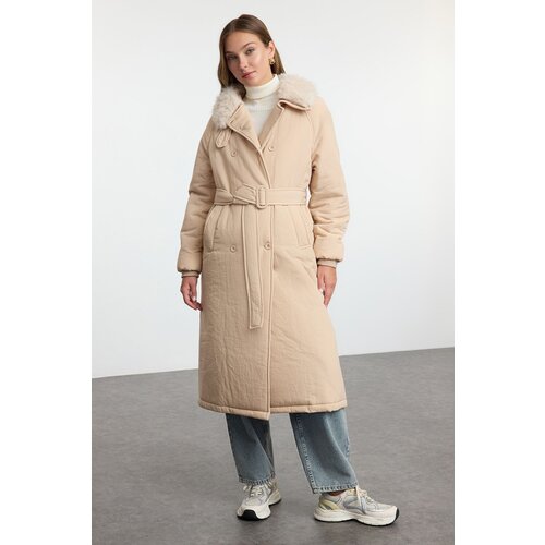 Trendyol Mink Collar Plush Detailed Belted Water Repellent Long Parka Puffer Jacket Slike