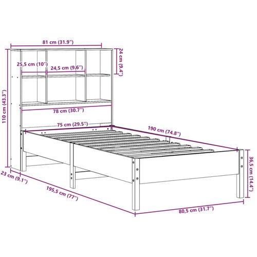 VidaXL Krevet s regalom za knjige bez madraca 75 x 190 cm od borovine Slike