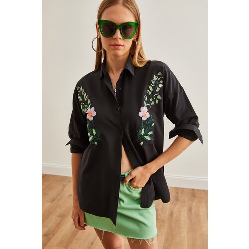 Olalook Women&amp;#039;s Violet Black Embroidery Detailed Oversize Woven Shirt Slike