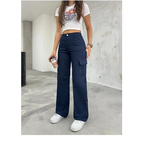 Dewberry 12128 High Waist Wide Leg Cargo Pocket Trousers-NAVY BLUE Cijene
