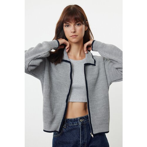 Trendyol Anthracite Piping Zippered Knitwear Cardigan Slike